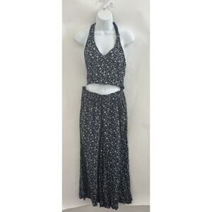 American Eagle Navy Floral 2 Piece Wide Leg Pants Halter Set M